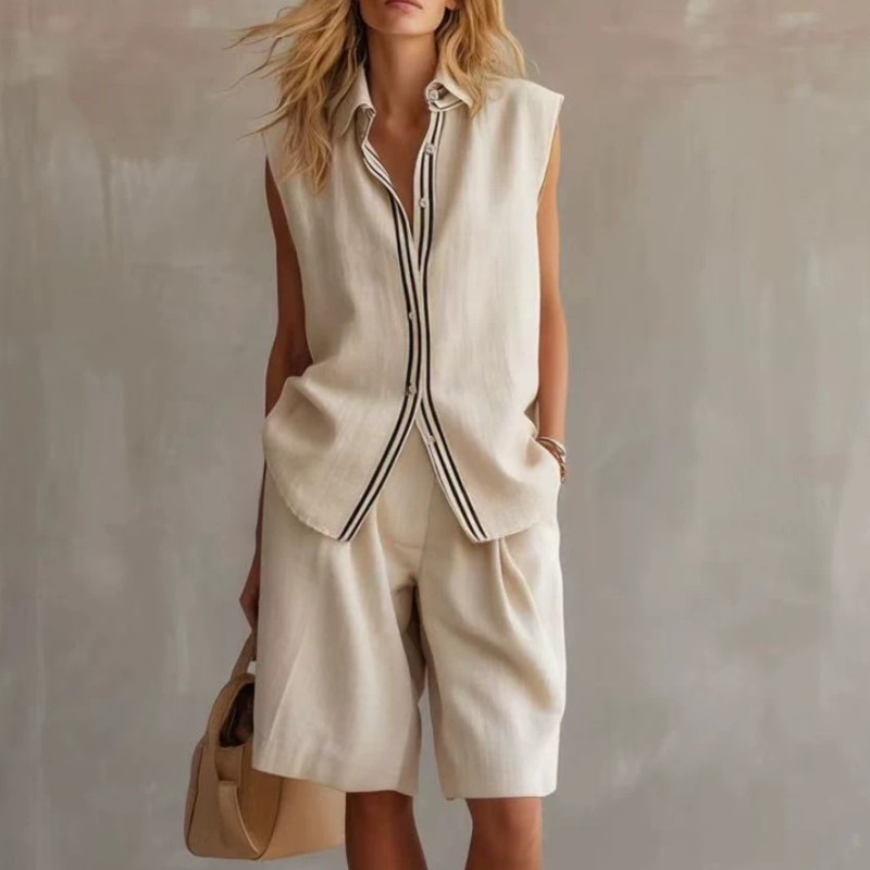 Summer Clothing Girls - Zomermode effen linnenmix tweedelige sets dames
