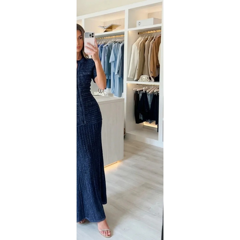 Summer Clothing Europe - Zomerse luxe marineblauwe tweed gebreide maxi